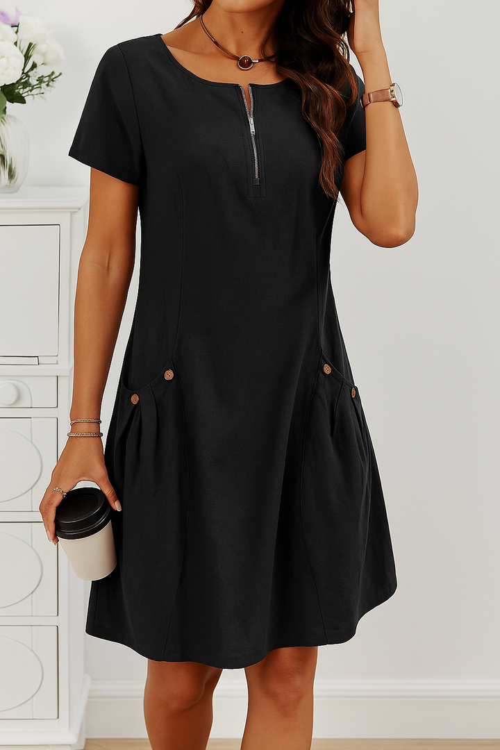 GISELA | ELEGANTES KURZÄRMELIGES BAUMWOLLKLEID MIT TASCHEN