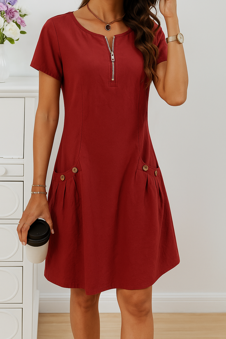 GISELA | ELEGANTES KURZÄRMELIGES BAUMWOLLKLEID MIT TASCHEN
